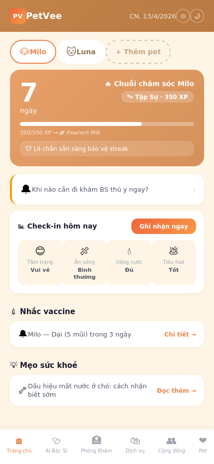 PetVee - Trang chủ theo dõi sức khoẻ
